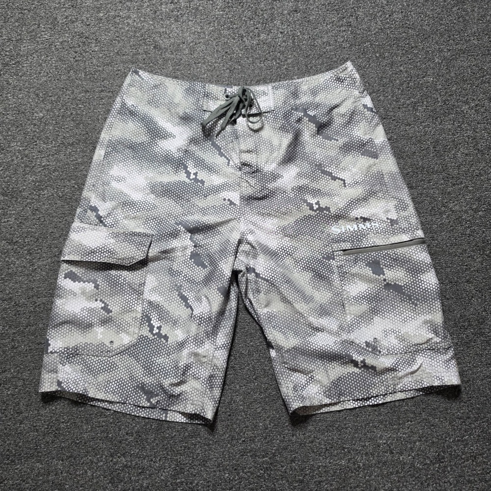 Simms Solarflex Board Shorts Gray Camo Mens 32 Fishing Cargo Pockets Quick Dry